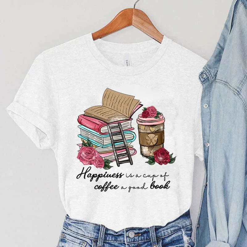 Women Happiness Coffee And Book Lover Graphic Tee New Fashion Simple T-shirt AP000167