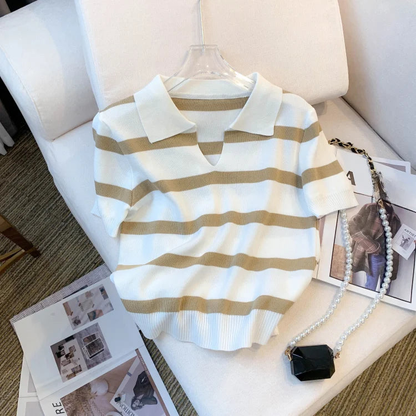 Fashion New Striped Short Sleeve Polo Collar Knit Shirt AP000184