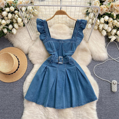 Simple Fashion Women Vintage-inspired Denim Belted Pinafore Dress AP00210