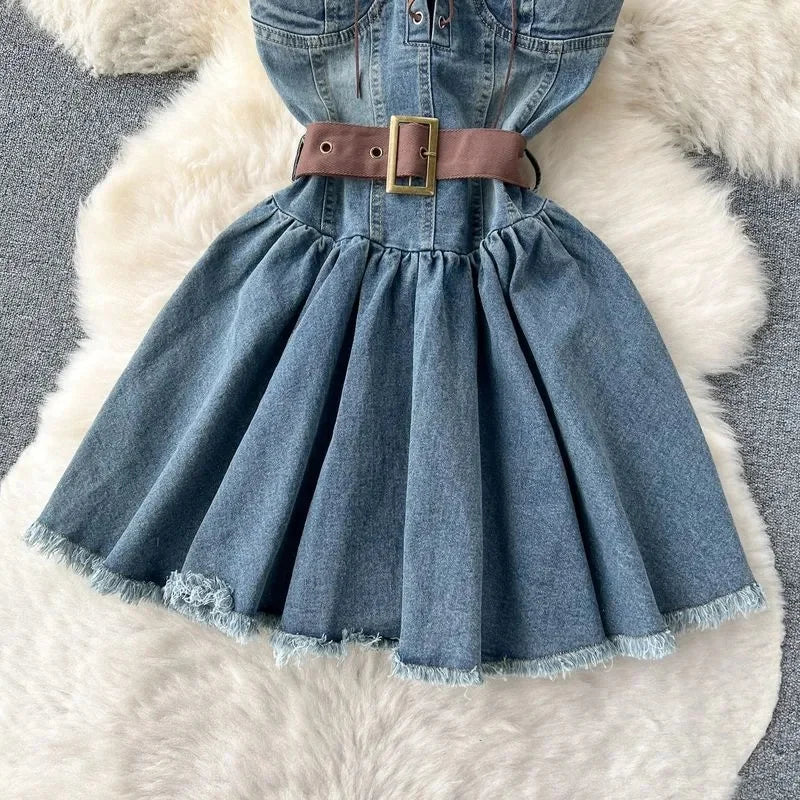Fashion Women Sleeveless Denim Corset Dress With Belted Waist AP00220