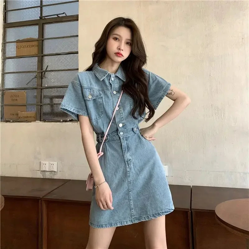 Simple Casual Short Sleeve Button-front Denim Dress AP00219