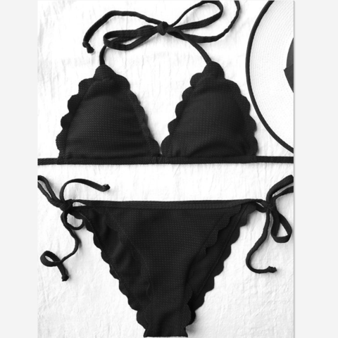 Sexy Halter Neck Scalloped Three Dots Type Knot Two Piece Bikini Lace Black AP000134