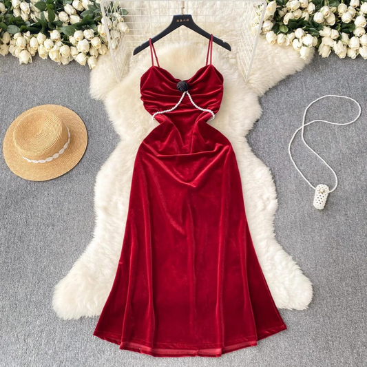 Elegant Velvet Sleeveless Party Dress With Simple Fashion Pearl Detail AP00207