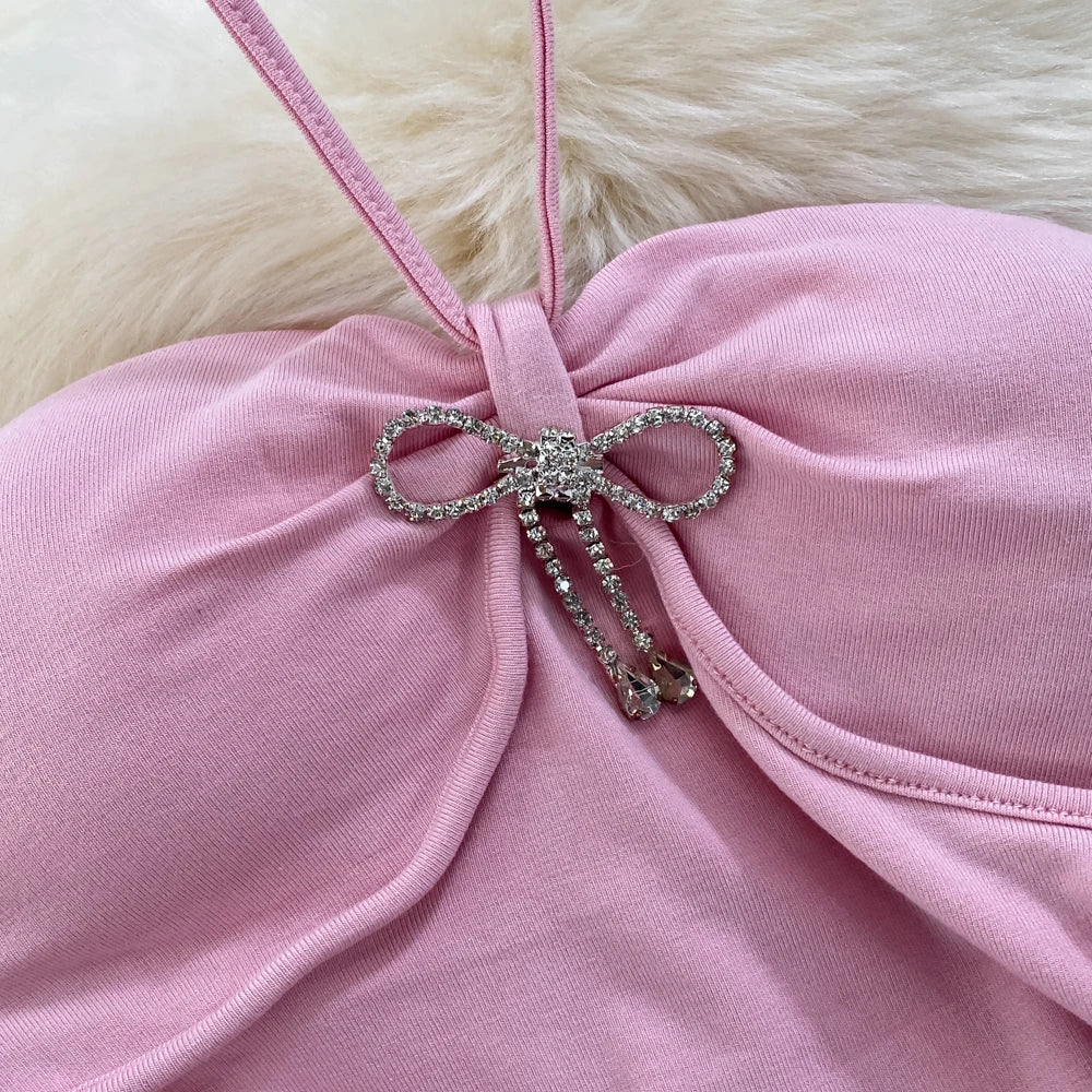 Women Pink Halter Neck Mini Dress With Bow Detail Simple Fashion AP00206
