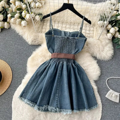 Fashion Women Sleeveless Denim Corset Dress With Belted Waist AP00220