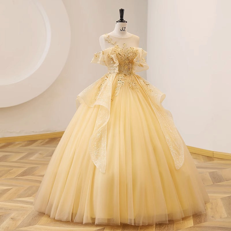 Vibrant Mesh Hem Yellow Off-Shoulder Cascade Glitter Sequin A-line Prom Long Dress AP0641