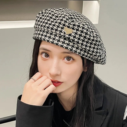 New Stylish Houndstooth Wool Beret With Heart Pin AP00229