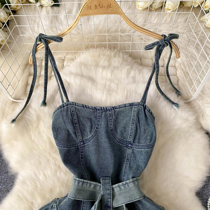 New Fashion Denim Floral Dress With Adjustable Spaghetti Straps AP00222