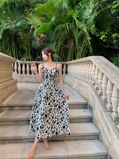 New Fashion Stylish Floral High-waisted Spaghetti Strap Dress AP0237