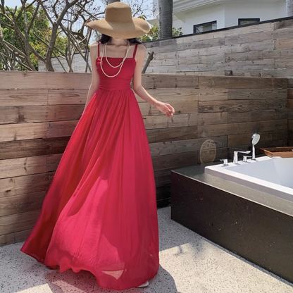 New Elegant Stylish Rose Red High-waisted Spaghetti Strap Dress AP0236