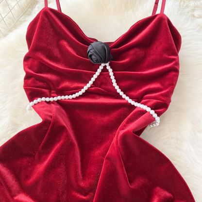 Elegant Velvet Sleeveless Party Dress With Simple Fashion Pearl Detail AP00207