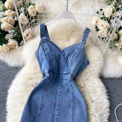 Simple Fashion Denim Sleeveless Midi Dress With Slit AP00212