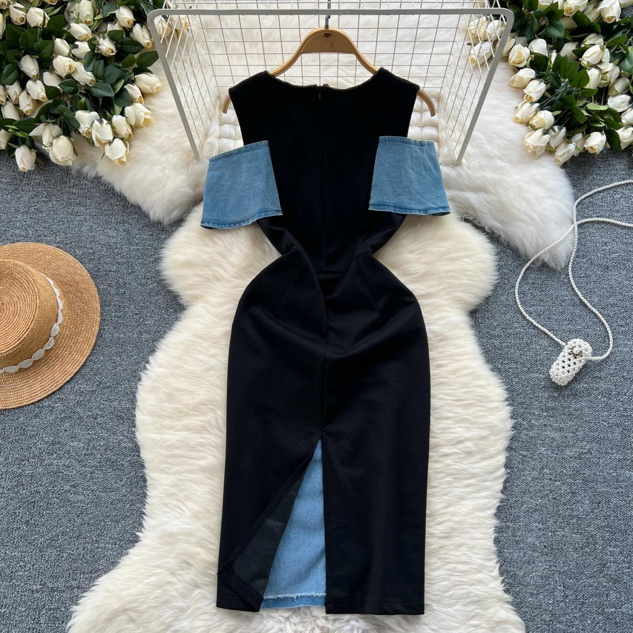Sleeveless Denim Dress With Black Panel Detailing AP00216
