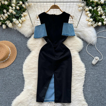 Sleeveless Denim Dress With Black Panel Detailing AP00216