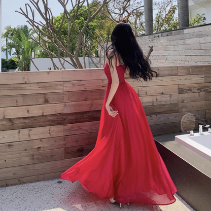 New Elegant Stylish Rose Red High-waisted Spaghetti Strap Dress AP0236