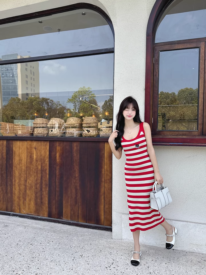 New Fashion Red Streak Casual Sleeveless Spaghetti Strap Dress  AP0249