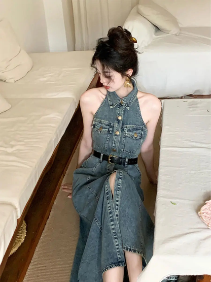 New Simple Denim Halter Neck Button-down Long Dress AP00214