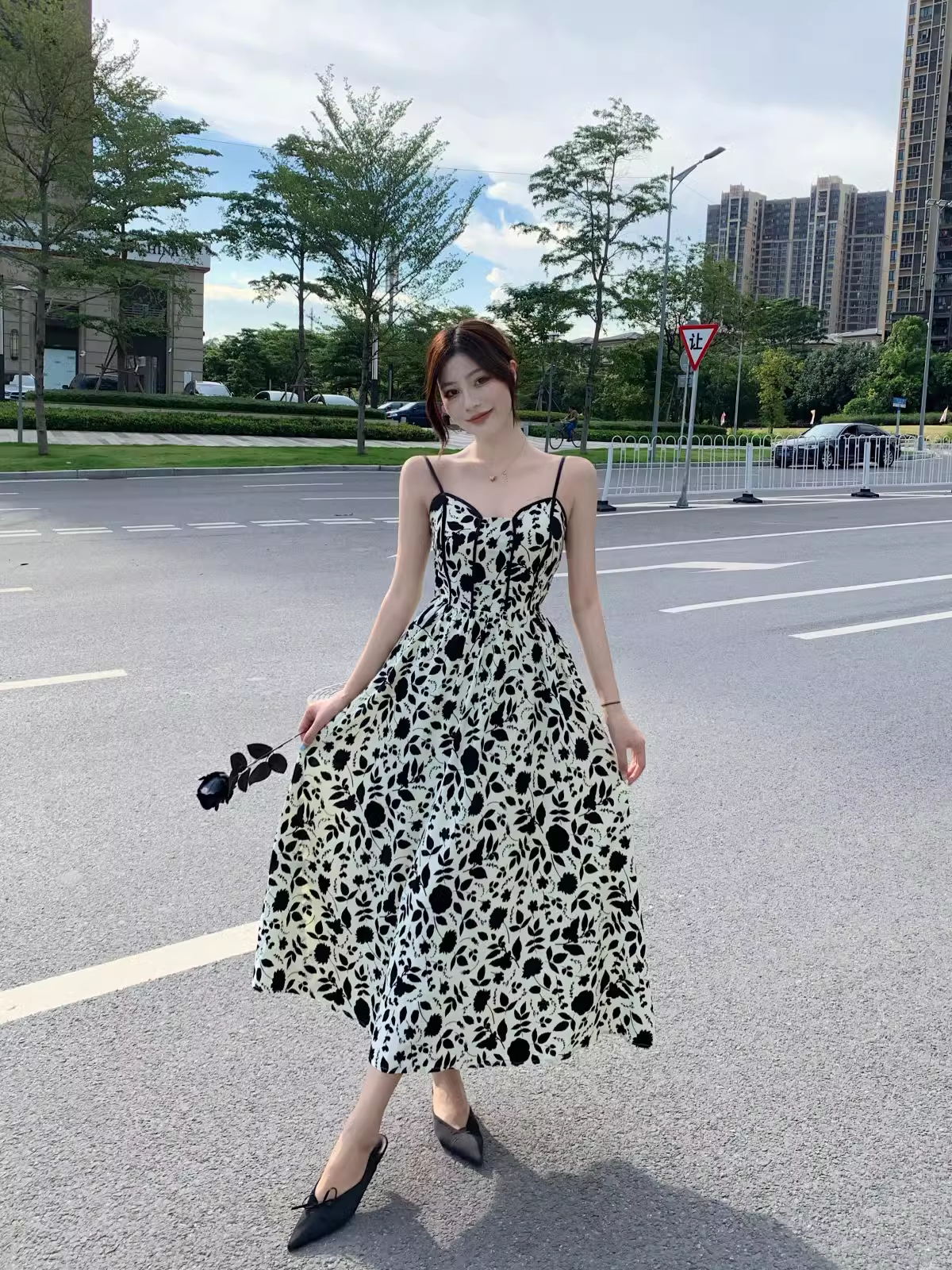 New Fashion Stylish Floral High-waisted Spaghetti Strap Dress AP0237