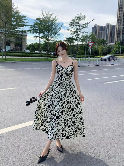 New Fashion Stylish Floral High-waisted Spaghetti Strap Dress AP0237