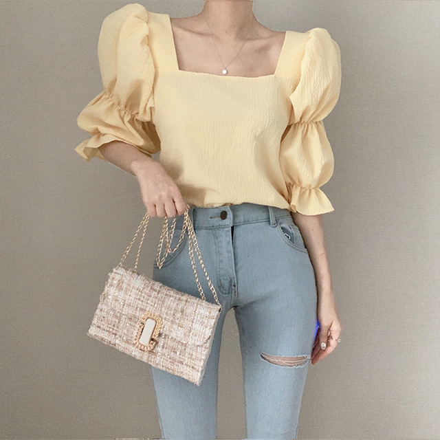 New Vintage Sexy Women Pleated Top Smocked Square Neck Collar Puff Sleeve Tops Blouse AP000195