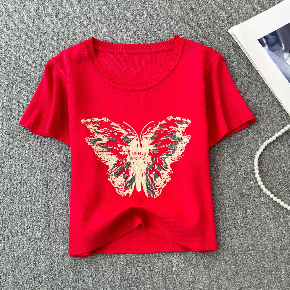 Cute Women Butterfly Print Short-sleeve Cropped T-shirt AP000158