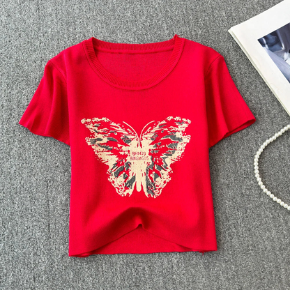 Cute Women Butterfly Print Short-sleeve Cropped T-shirt AP000158