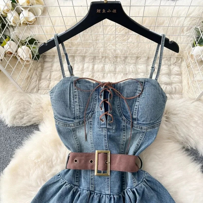 Fashion Women Sleeveless Denim Corset Dress With Belted Waist AP00220