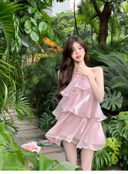 Stylish Pink Patchwork Ruffled Sleeveless Seaside Holiday Halter Dress  AP0240