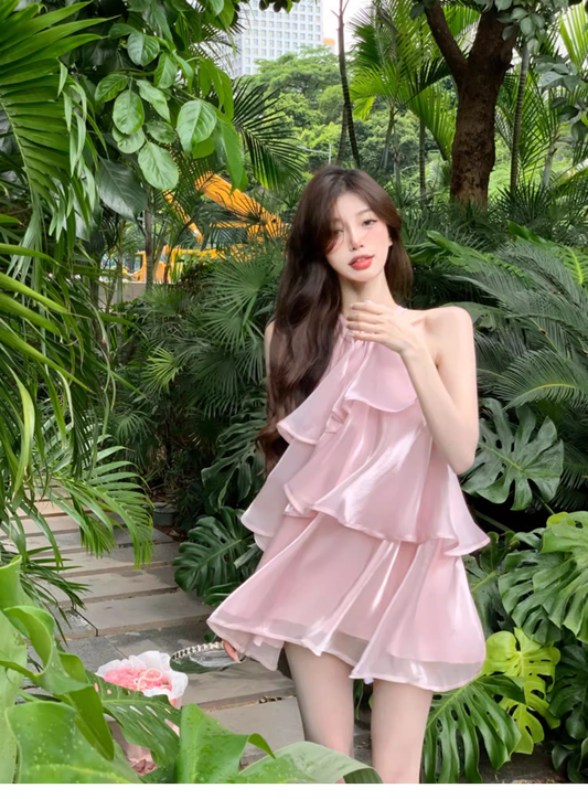 Stylish Pink Patchwork Ruffled Sleeveless Seaside Holiday Halter Dress  AP0240