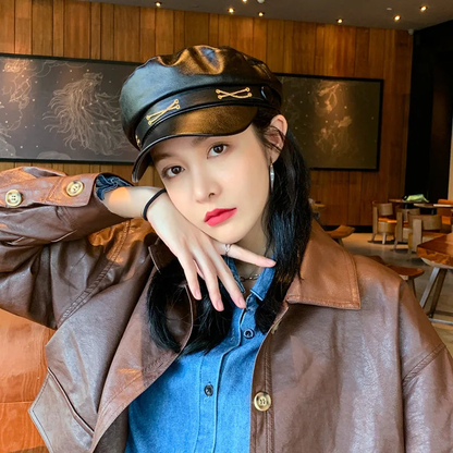 Chic Leather Beret Cap With Gold Accent AP00227