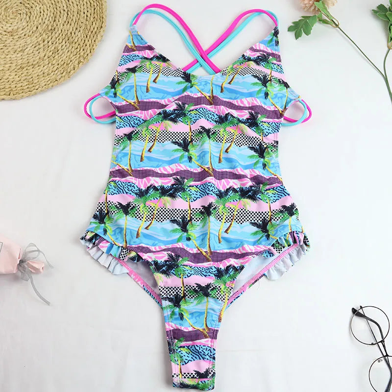 Elegant Women Tropical Print One-piece Ruffle Swimsuit Swimwear AP000137