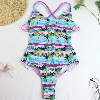 Elegant Women Tropical Print One-piece Ruffle Swimsuit Swimwear AP000137