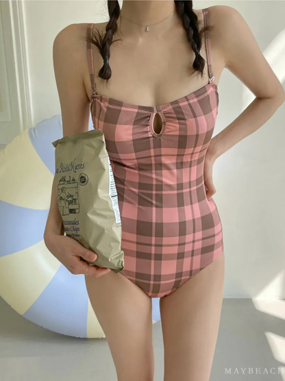 Pink Plaid One-piece Swimsuit With Adjustable Straps AP000130