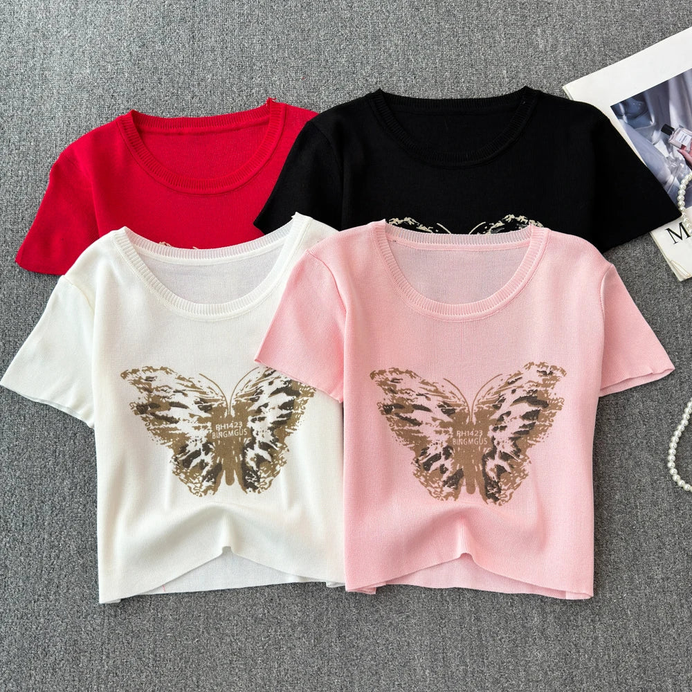 Cute Women Butterfly Print Short-sleeve Cropped T-shirt AP000158