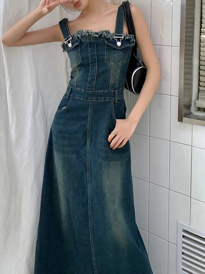 Fashion Adjustable Denim Overalls Dress With Pockets AP00213