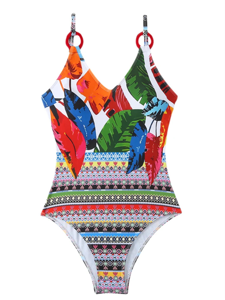 Simple Fashion Women Tropical Print One-piece Swimsuit With Ring Detail AP000148