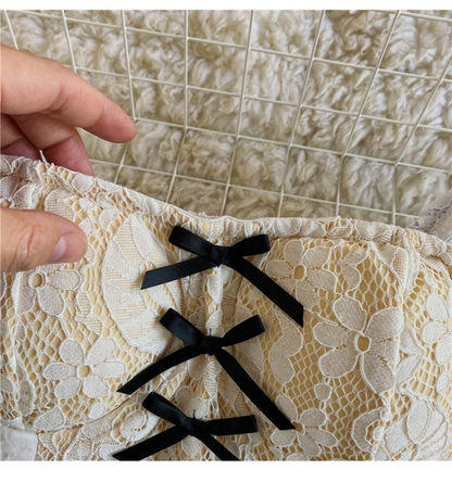 New Fashion Palace Style Temperament Women Lotus Leaf Waist Lace Square Collar Sweet Bowknot Puff Sleeve Crop Bustier Top Blouse AP000194