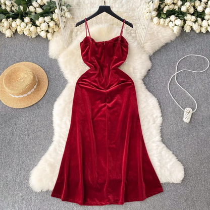 Elegant Velvet Sleeveless Party Dress With Simple Fashion Pearl Detail AP00207