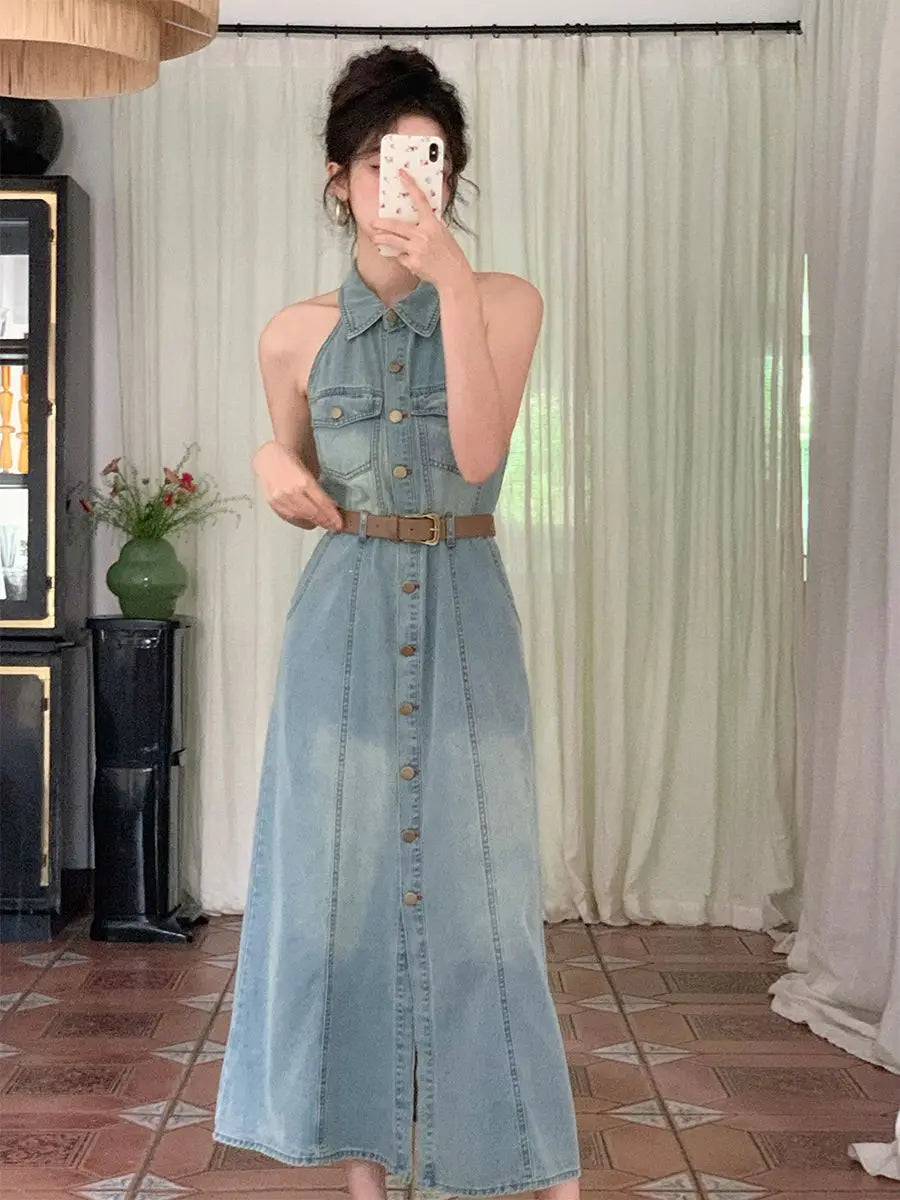 New Simple Denim Halter Neck Button-down Long Dress AP00214
