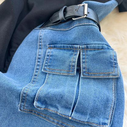 New Fashion Two-tone Jean And Black Polo Dress AP00217