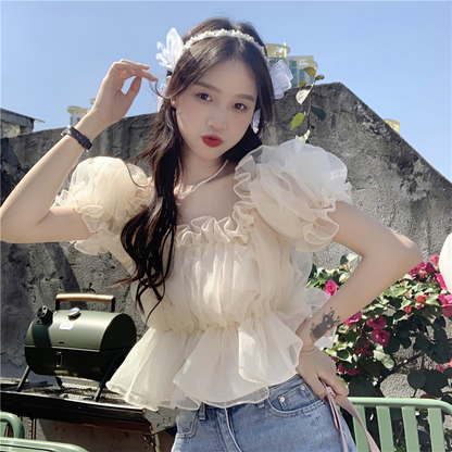 Sweet Wonderful Ladies Striped Square Neck Collar Mesh Pleated Ruffle Shirt Puff Short Sleeve Off Shoulder Top AP000196