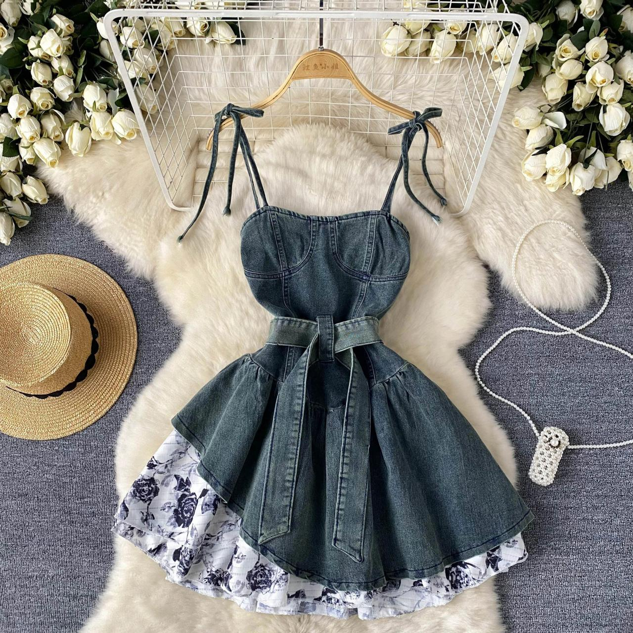 New Fashion Denim Floral Dress With Adjustable Spaghetti Straps AP00222