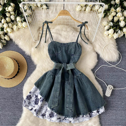 New Fashion Denim Floral Dress With Adjustable Spaghetti Straps AP00222