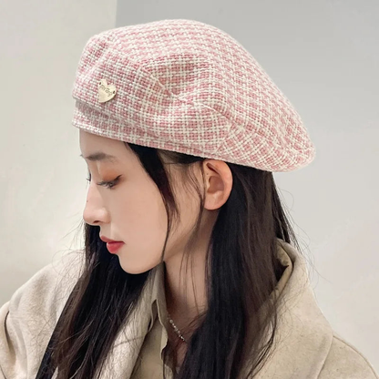 New Stylish Houndstooth Wool Beret With Heart Pin AP00229