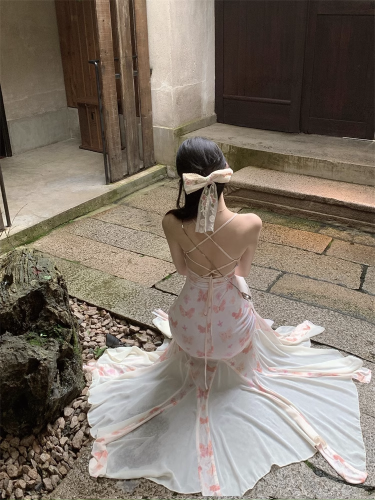 New Stylish Women Pink Butterfly Mermaid Spaghetti Strap Dress  AP0260