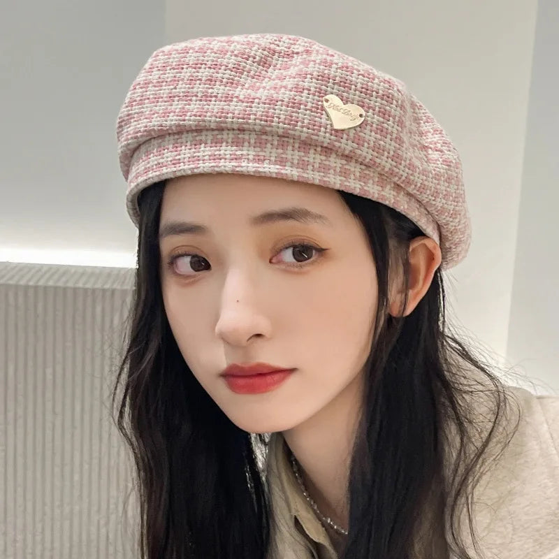 New Stylish Houndstooth Wool Beret With Heart Pin AP00229