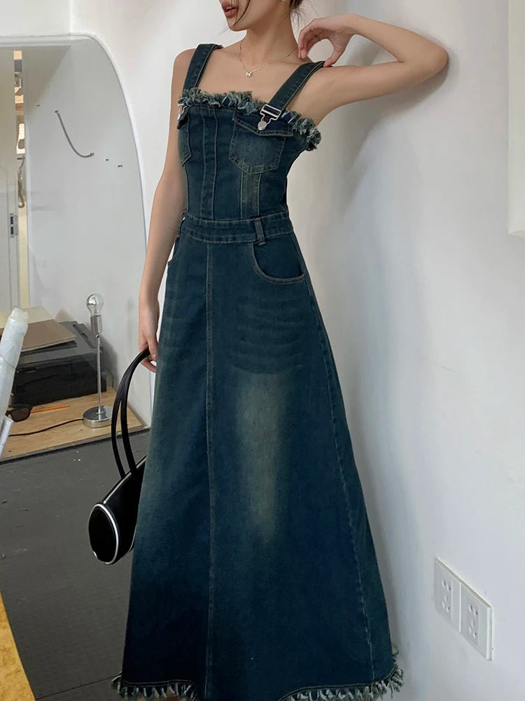 Fashion Adjustable Denim Overalls Dress With Pockets AP00213