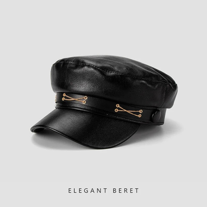 Chic Leather Beret Cap With Gold Accent AP00227