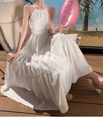 New Stylish White Sleeveless Backless Beach Casual Halter Dress  AP0256