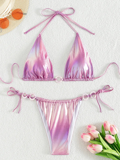 Simple Women Shiny Metallic Tie Bikini Swimsuit Two-piece Set AP000149